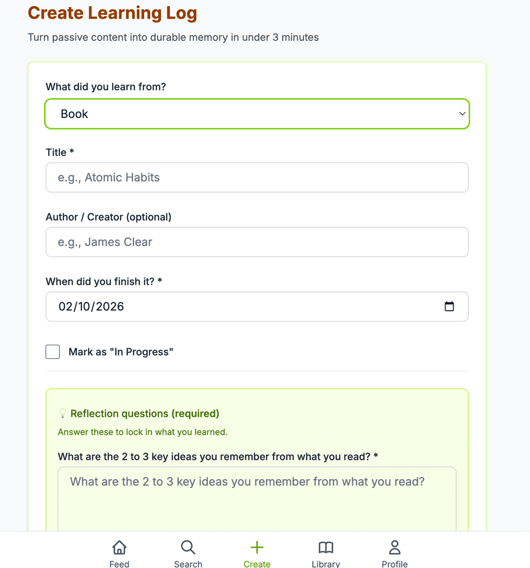 Learning Logs detail